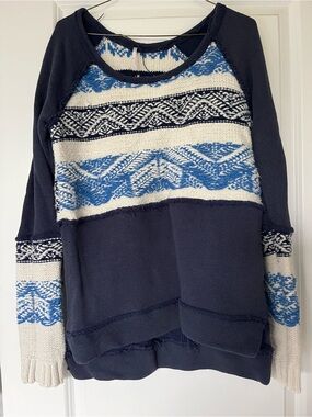 Free People Navy and Cream Patterned Raglan Sweater